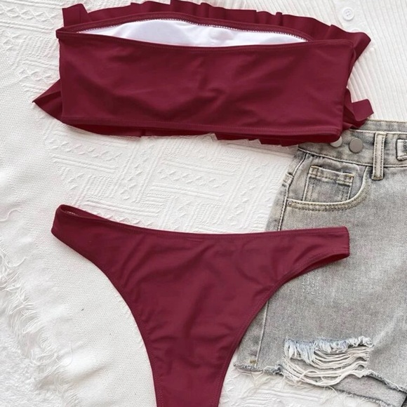 Bandeau ruffle ruched frill strapless bikini boho black - Picture 4 of 5